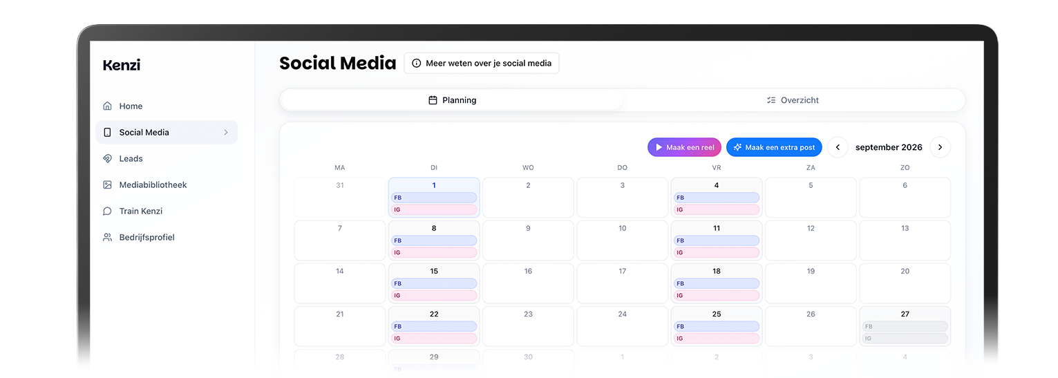 De social media kalender in Kenzi met geplande posts